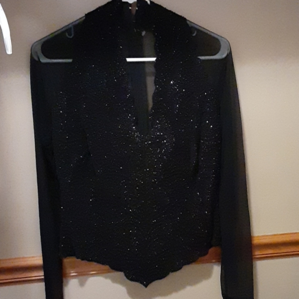 Tadashi black sequin top with sheer sleeves
